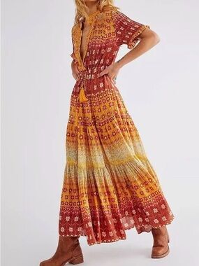 Free People Marigold Printed Boho Maxi Dress Tassel Tie Tiered Size Large